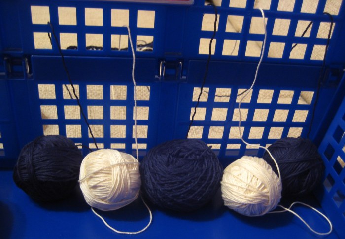 Lengthways balls of yarn kept tidy in a crate