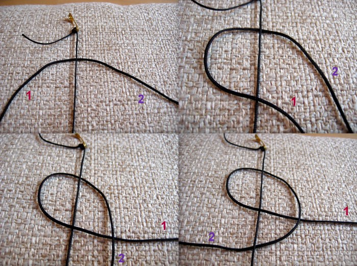 Step 1: tying the first part of the square knot.