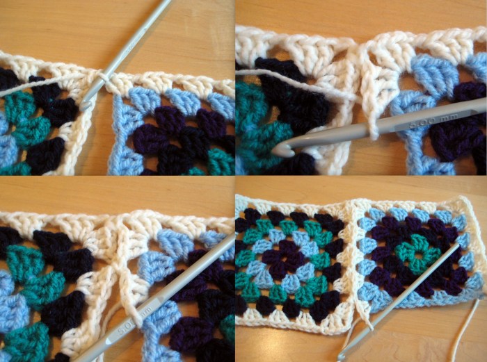 1: sl st into joining sq: 2: 3dc; 3: sl st into joining sq, 3dc; 4: joining the corner