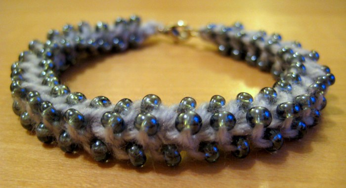 Beads worked into side loops and front (and back) loops