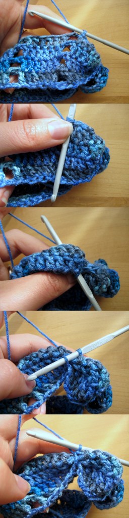 How to sc over the chain spaces: Swing hook down over the chain spaces, and then under to draw up a loop, then complete the sc