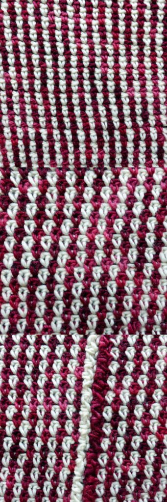 Linen Stitch Cowl - Right side, "wrong side", and the ch2 seam.