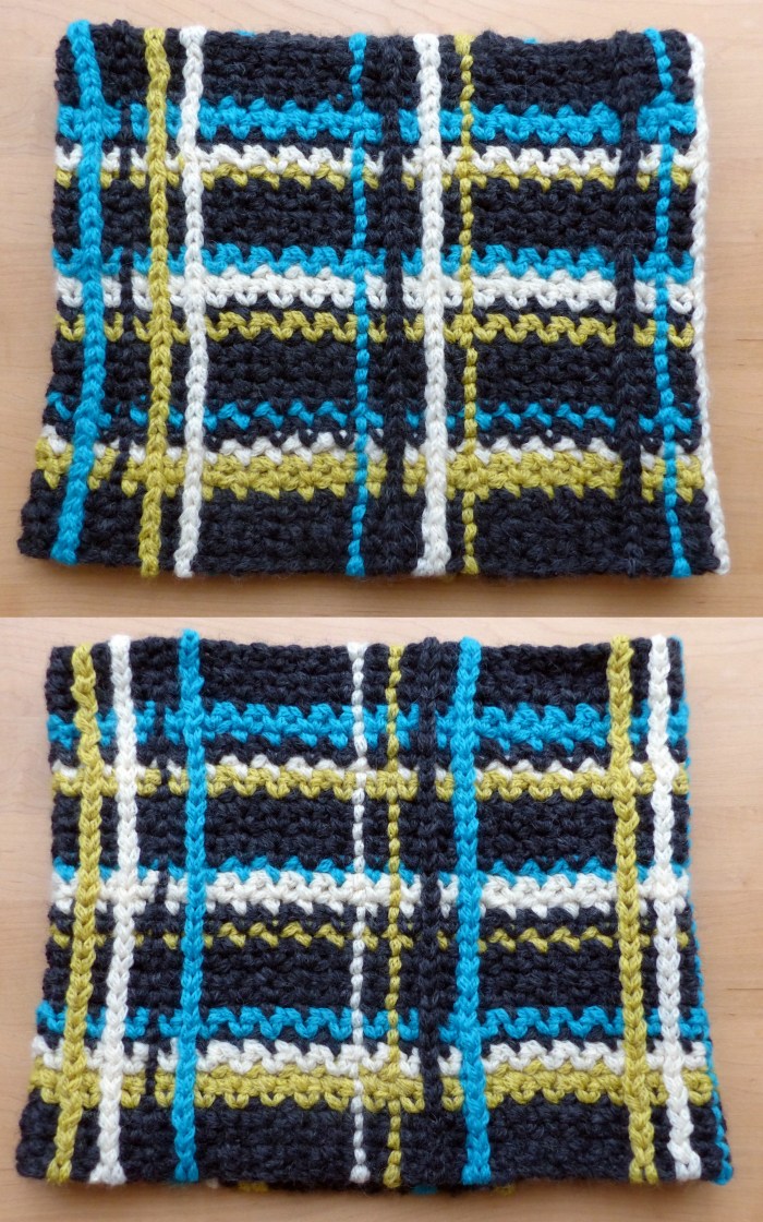 "Front" and "Reverse" of Plaid Cowl - A super easy free crochet pattern from Make My Day Creative