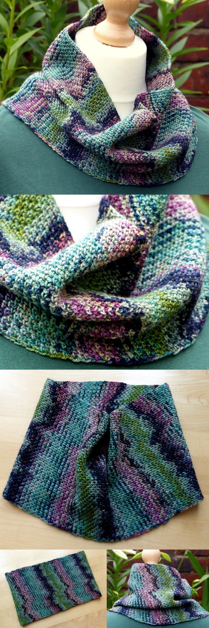 Colour Pool Cowl - Free Crochet Pattern from Make My Day Creative specifically for short colour variegated yarn